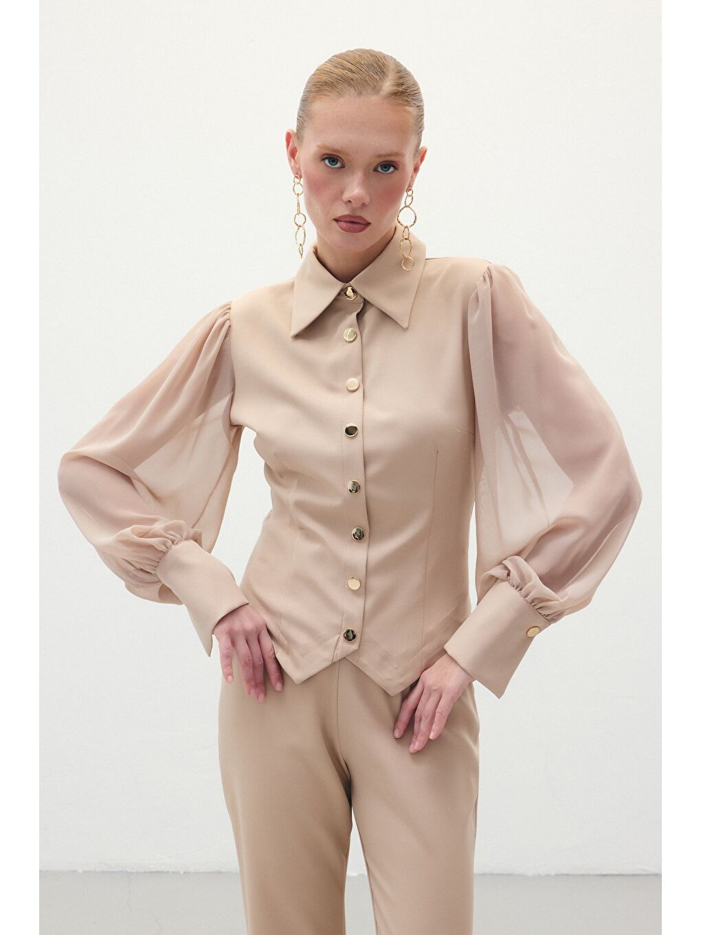 Şifon Kol Gömlek - Bej-2