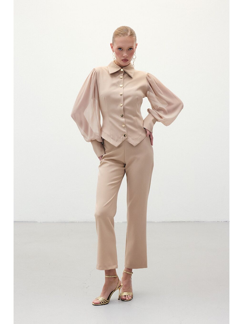 Şifon Kol Gömlek - Bej-3