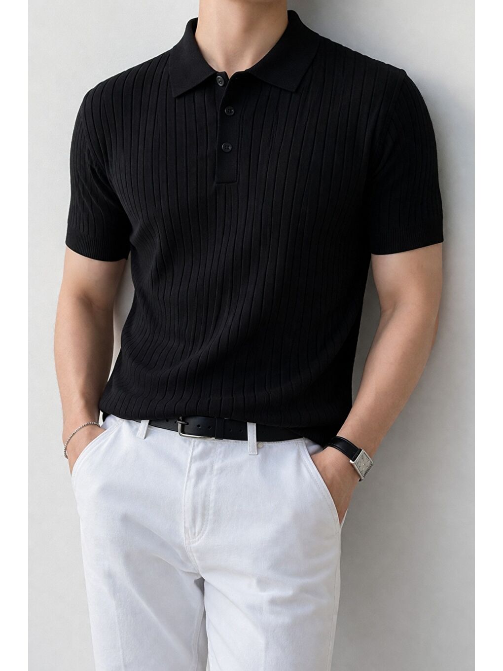 Siyah Erkek Düğmeli Fitilli Triko Polo Tişört Slim Fit-1