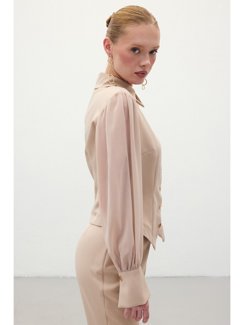 Şifon Kol Gömlek - Bej-4