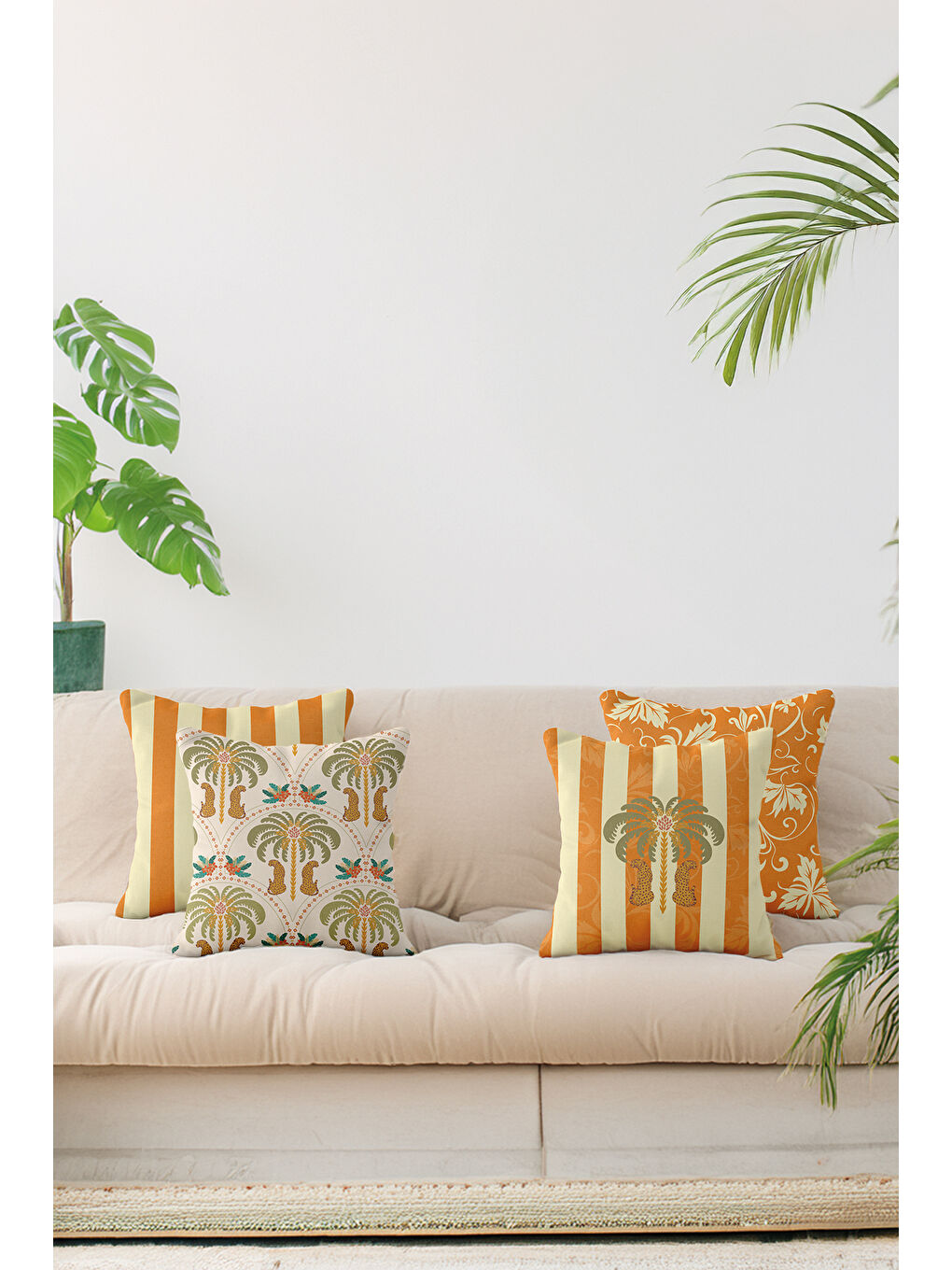 Wilda Soft Tropic Çizgili Desenli 4’lü Dekoratif Kırlent Kılıfı Seti Krem–Turuncu