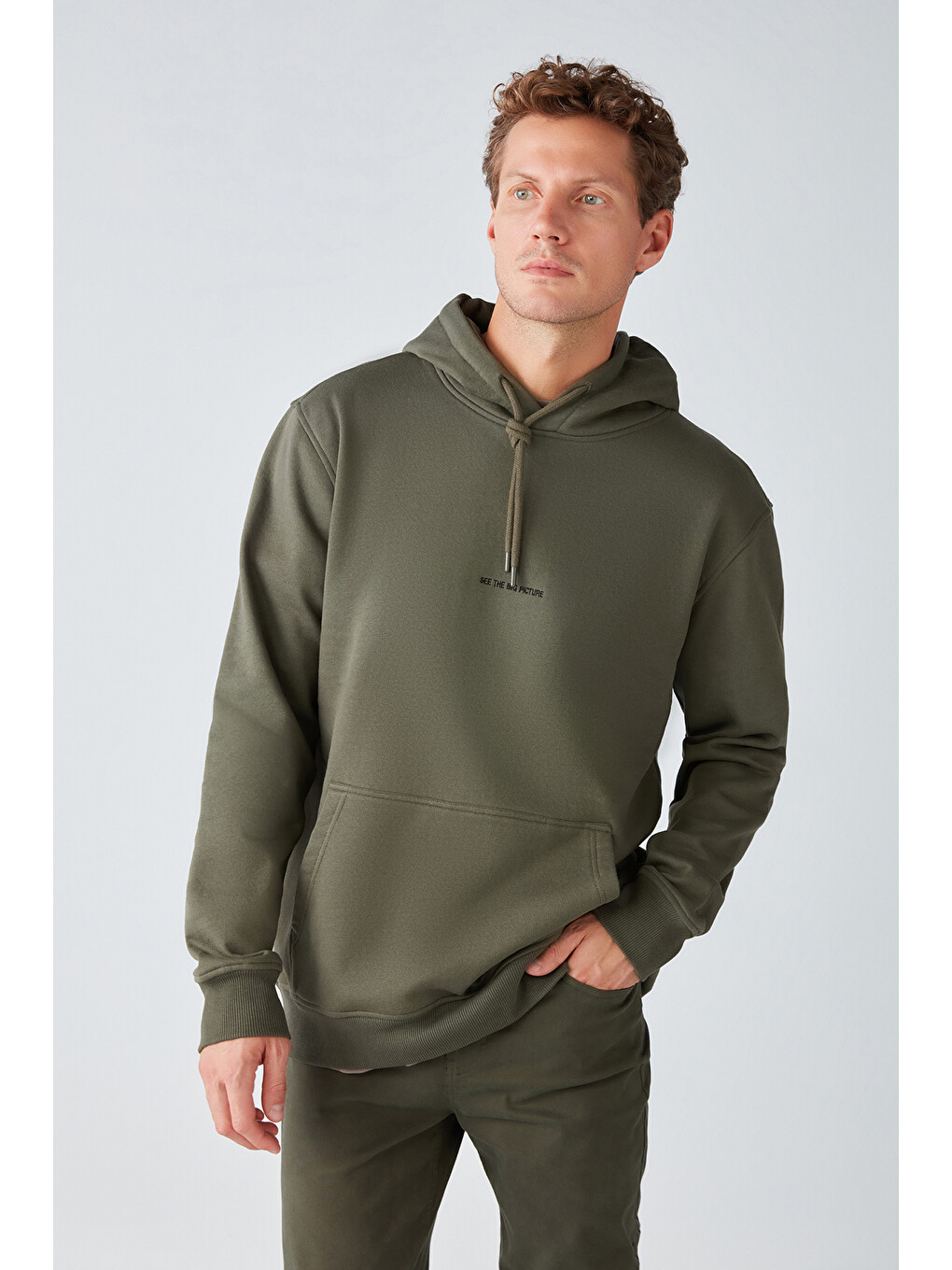 Epıc Erkek Organik Pamuklu Yumuşacık Nakış Detaylı Kapüşonlu Kordonlu Regular Haki Sweatshirt-3