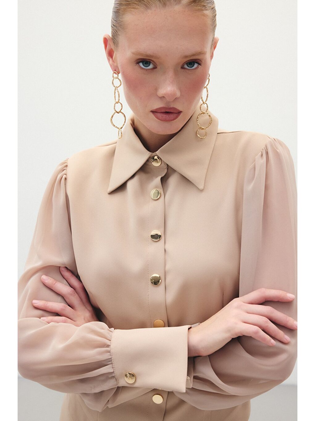 Şifon Kol Gömlek - Bej-5