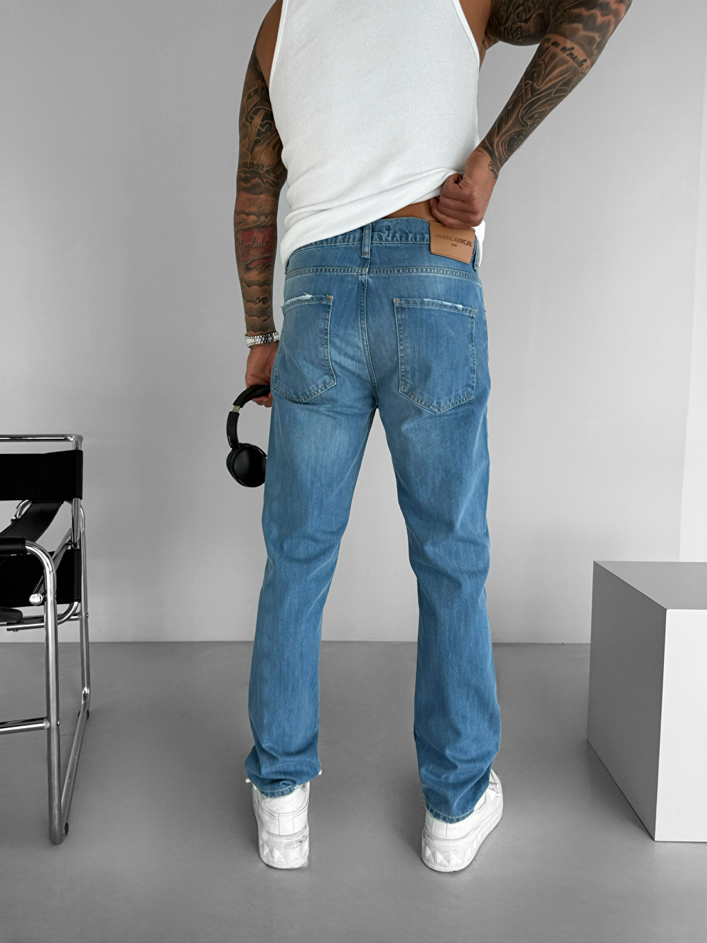 Erkek Regular Fit Kesim Eskitmeli Jean Pantolon Mavi