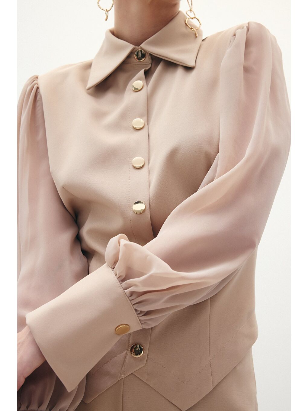 Şifon Kol Gömlek - Bej-6