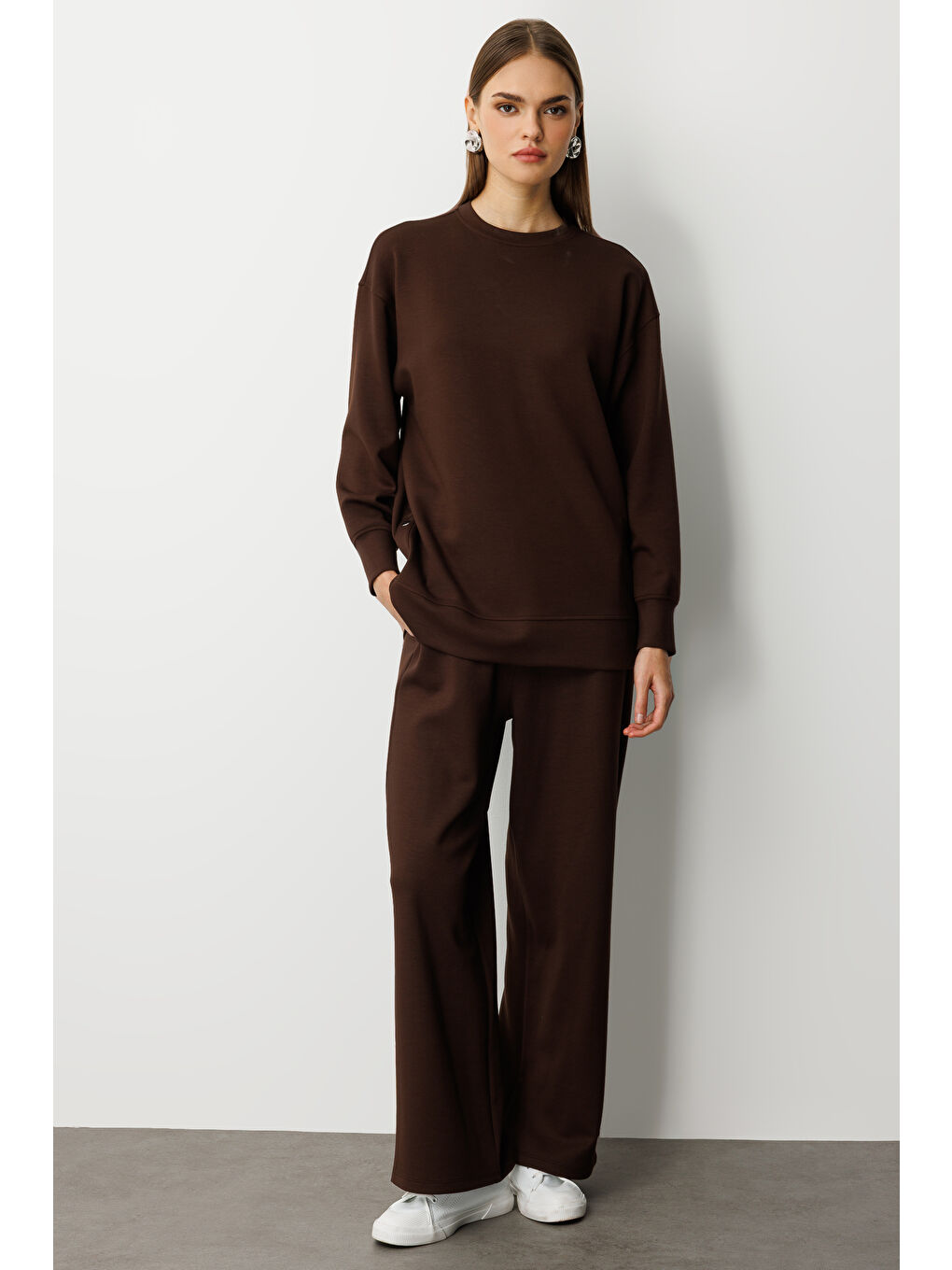 Çıtçıtlı Yumuşak Dokulu Kahverengi Spor Tunik-1