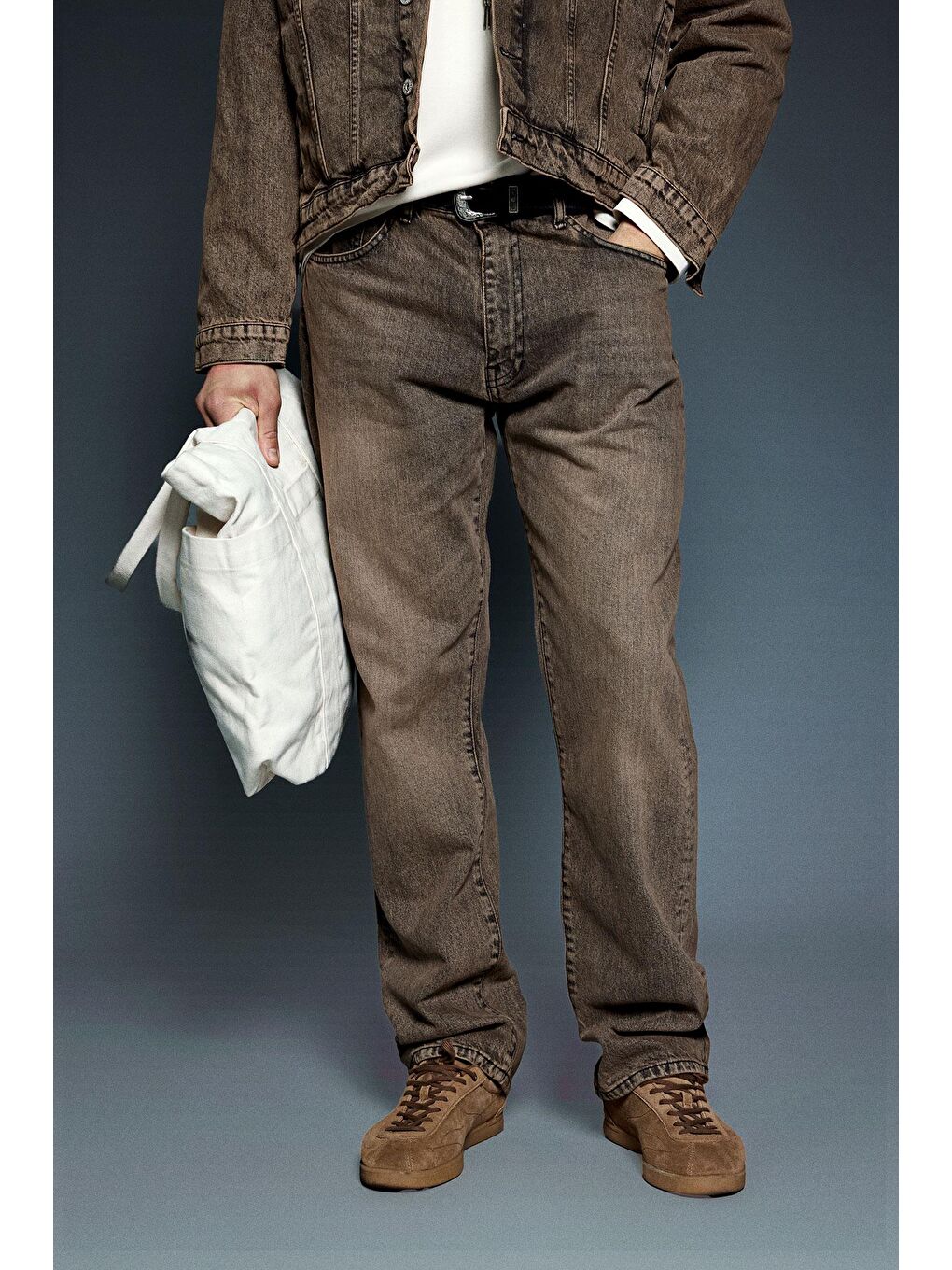 Erkek Yıkamalı Baggy Fit Jean Pantolon Kahverengi-1