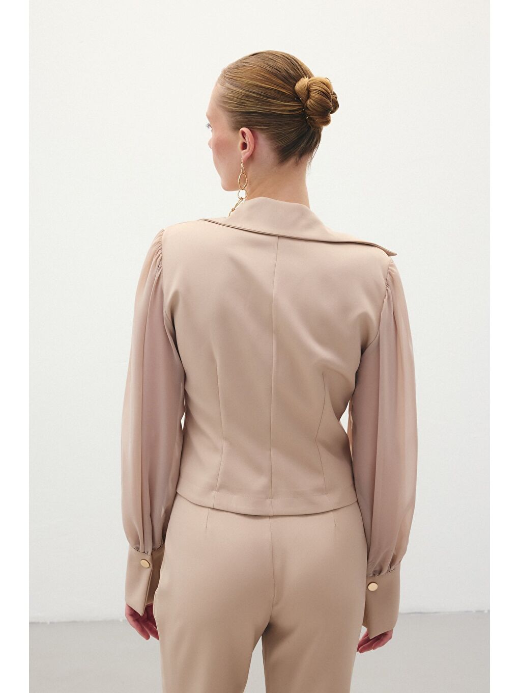 Şifon Kol Gömlek - Bej-7