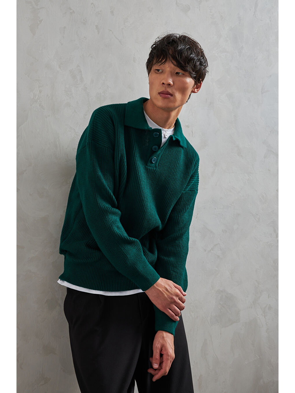 Yeşil Erkek Yakası Düğmeli Oversize Kazak-5