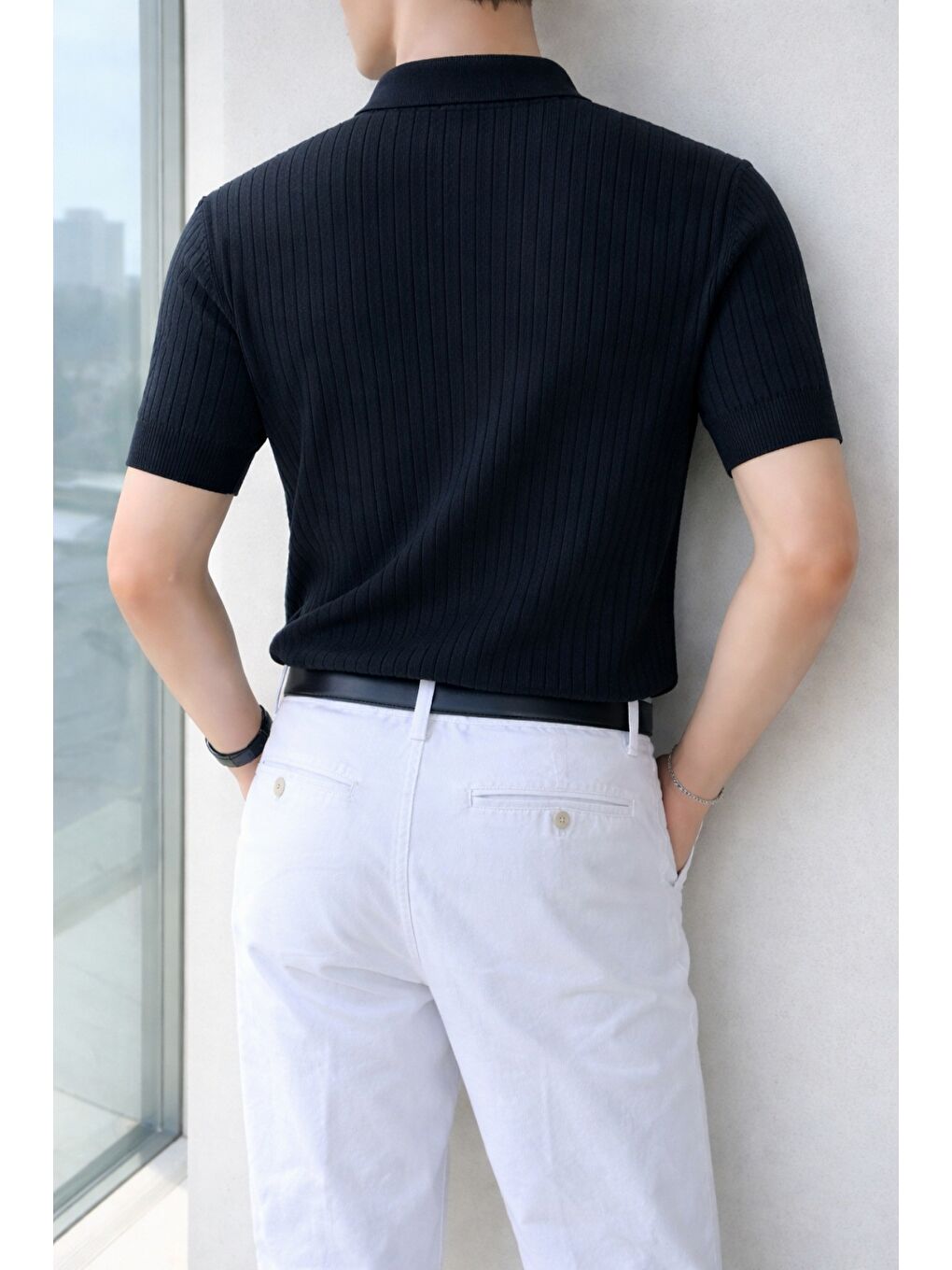 Siyah Erkek Düğmeli Fitilli Triko Polo Tişört Slim Fit-2