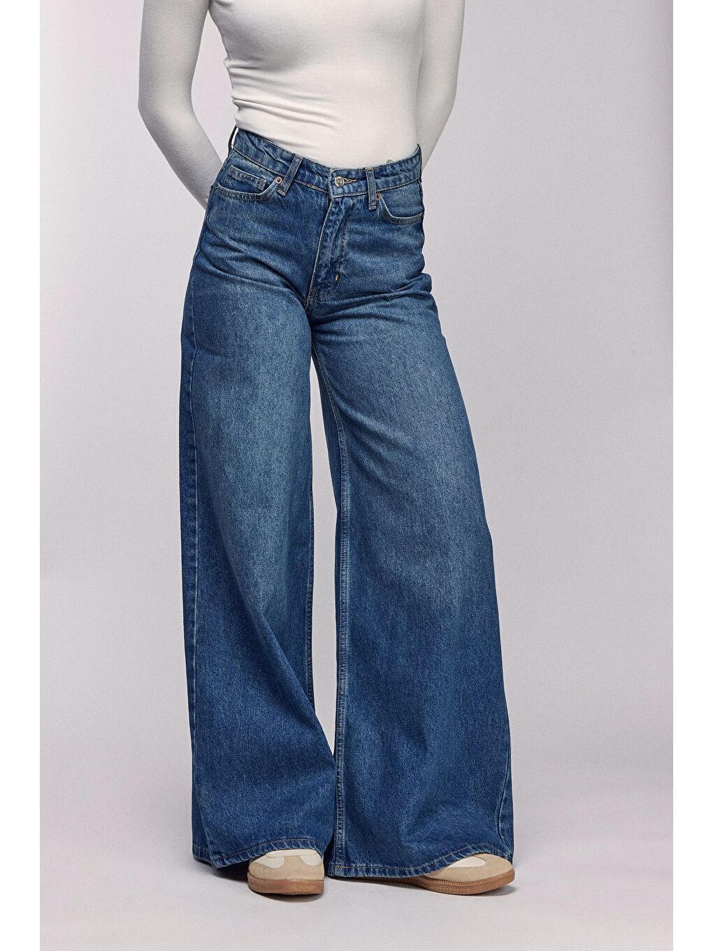 Mavi Kadın Yüksek Bel Wide Leg Bol Paça Jean Pantolon - '90 Vintage