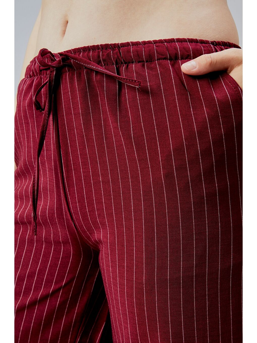 Bordo Kadın Pantolon Geniş Paça Yüksel Bel Cepli Çizgili Pantolon ÇİZGİLİ-PANTOLON-3