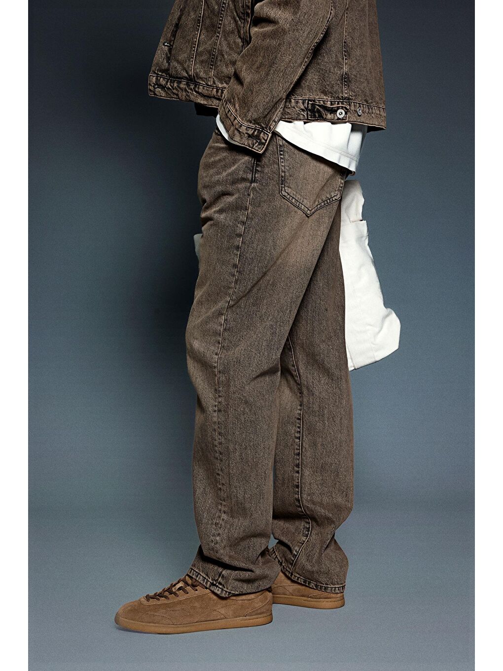 Erkek Yıkamalı Baggy Fit Jean Pantolon Kahverengi-2
