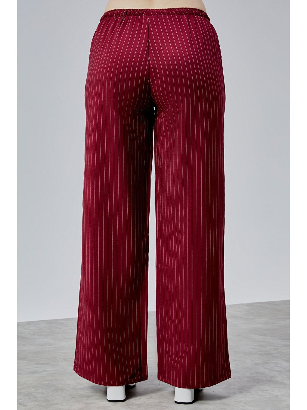 Bordo Kadın Pantolon Geniş Paça Yüksel Bel Cepli Çizgili Pantolon ÇİZGİLİ-PANTOLON-4