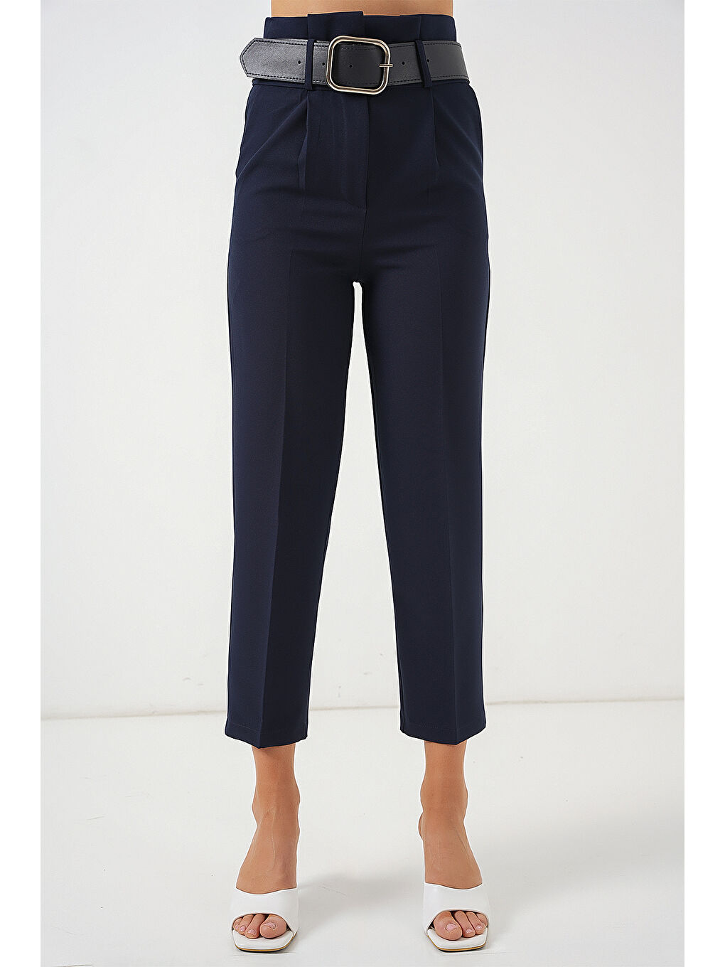 6556 Kemerli Kumaş Pantolon - Lacivert-3