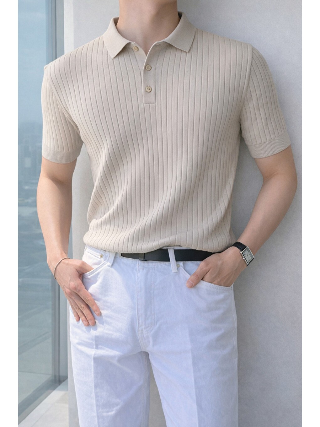 Bej Erkek Düğmeli Fitilli Triko Polo Tişört Slim Fit