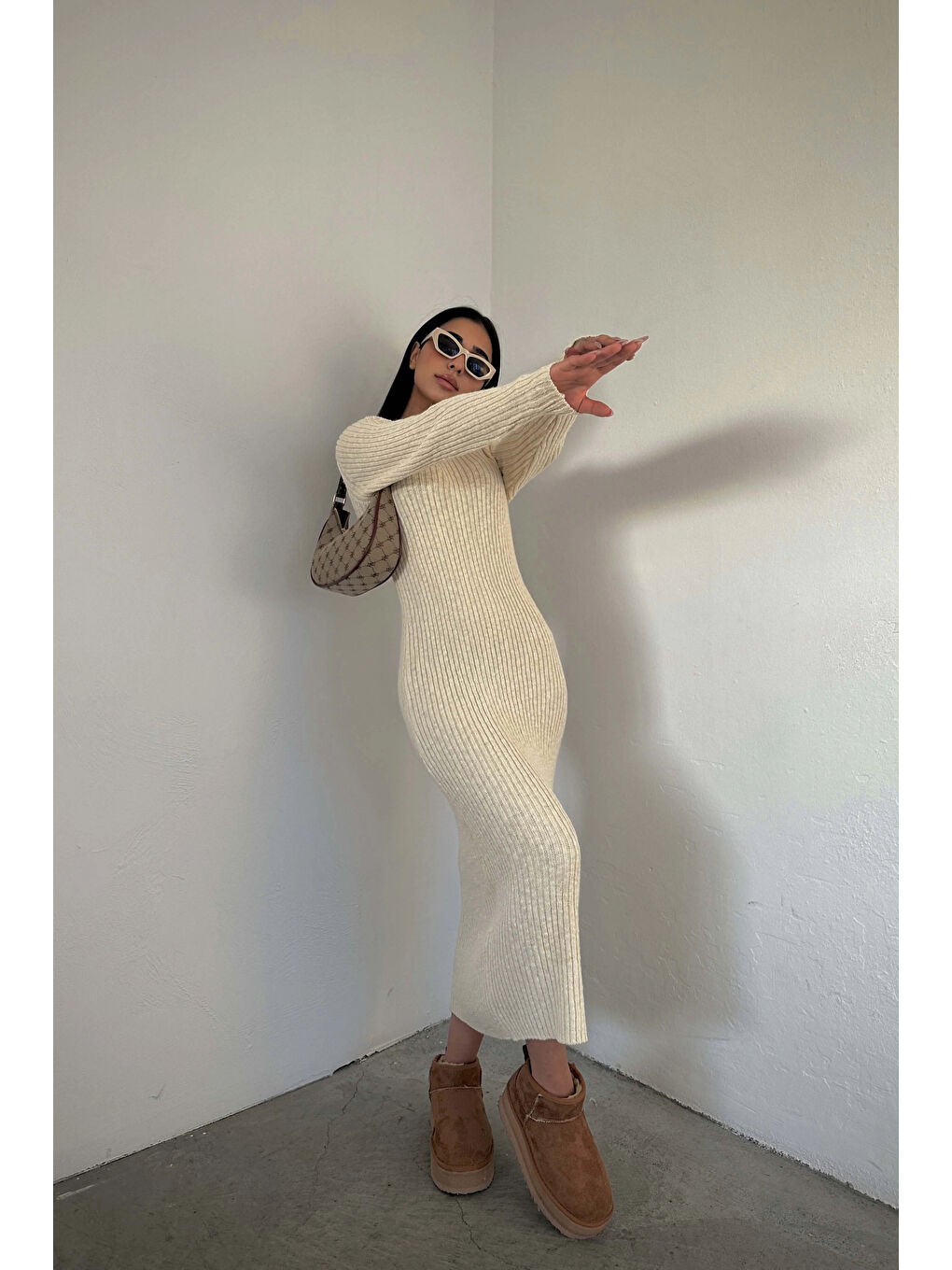 Kadın Ekru Triko Elbise 1007-1522-1