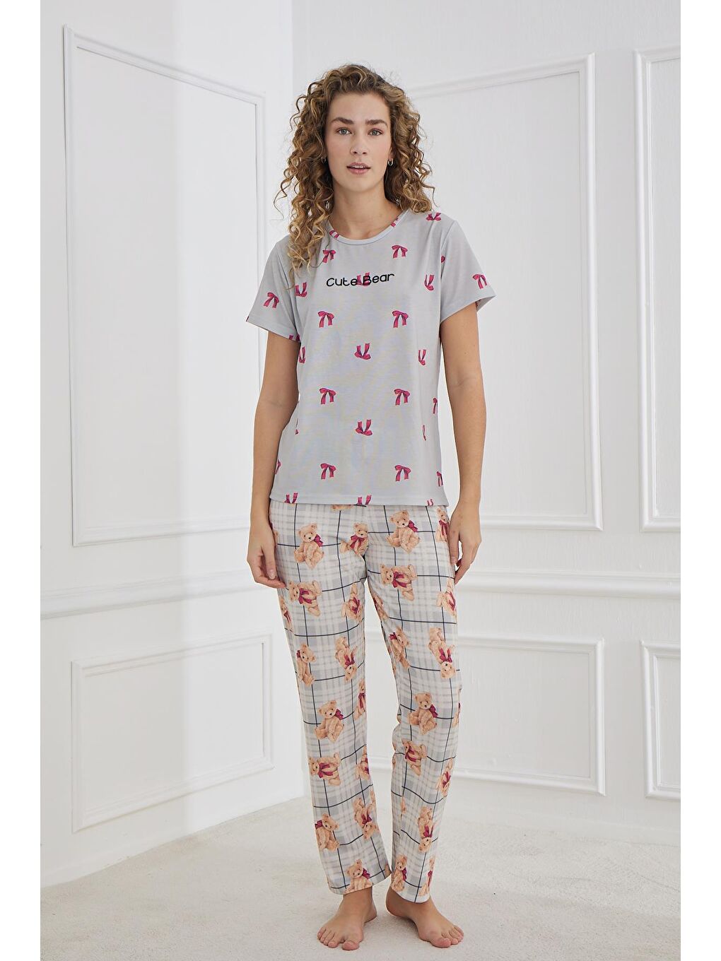 Kadın Desenli Elastanlı Süprem Bisiklet Yaka Pijama Takım | Gri 70109-1220