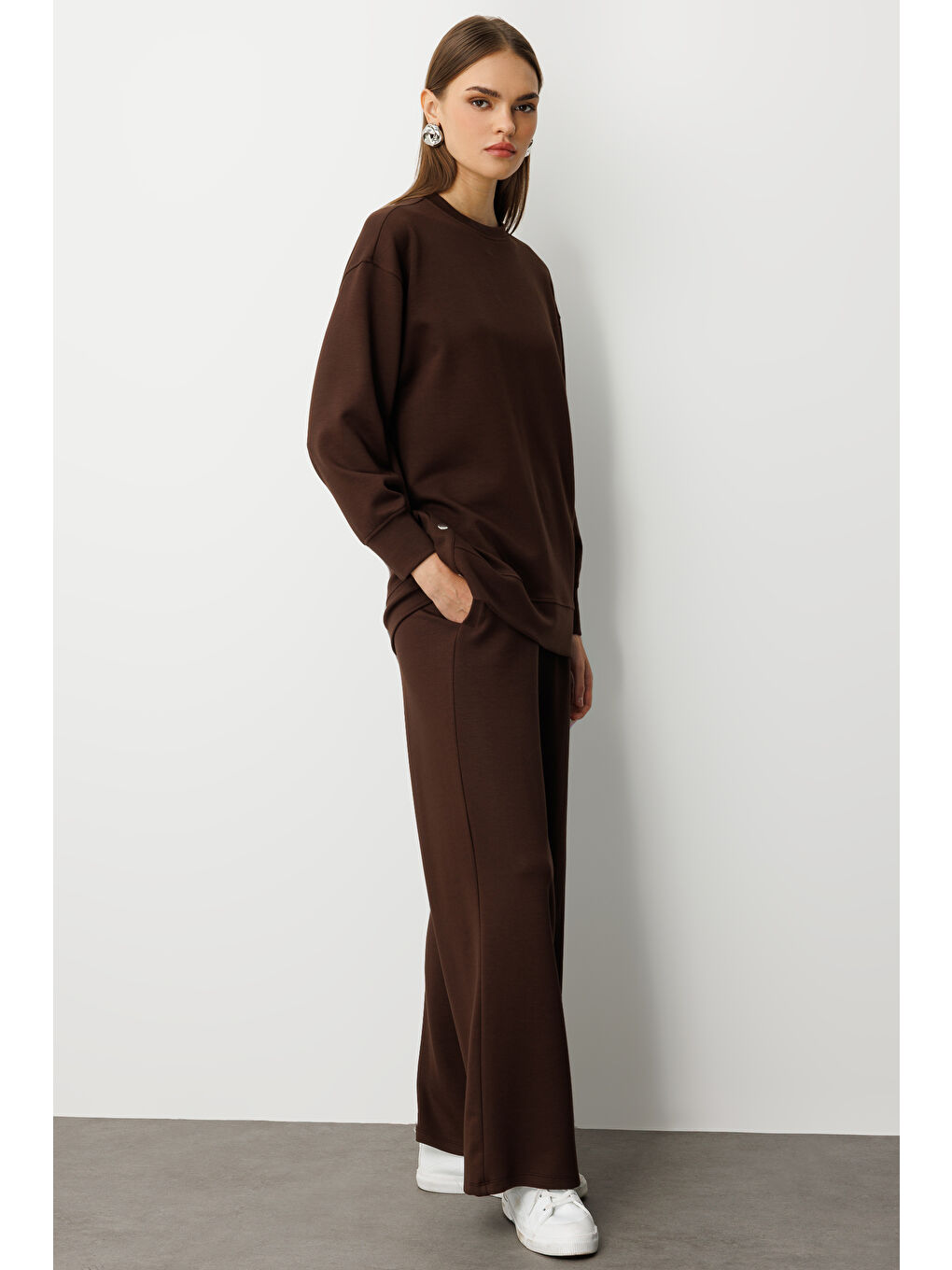 Çıtçıtlı Yumuşak Dokulu Kahverengi Spor Tunik-3