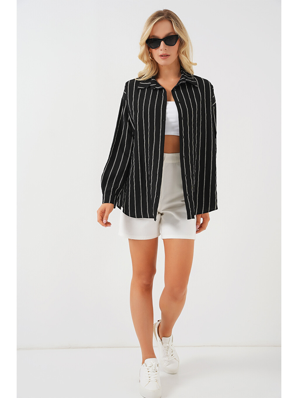 Kadın Çzigili Oversize Gömlek 20293 - Siyah-1