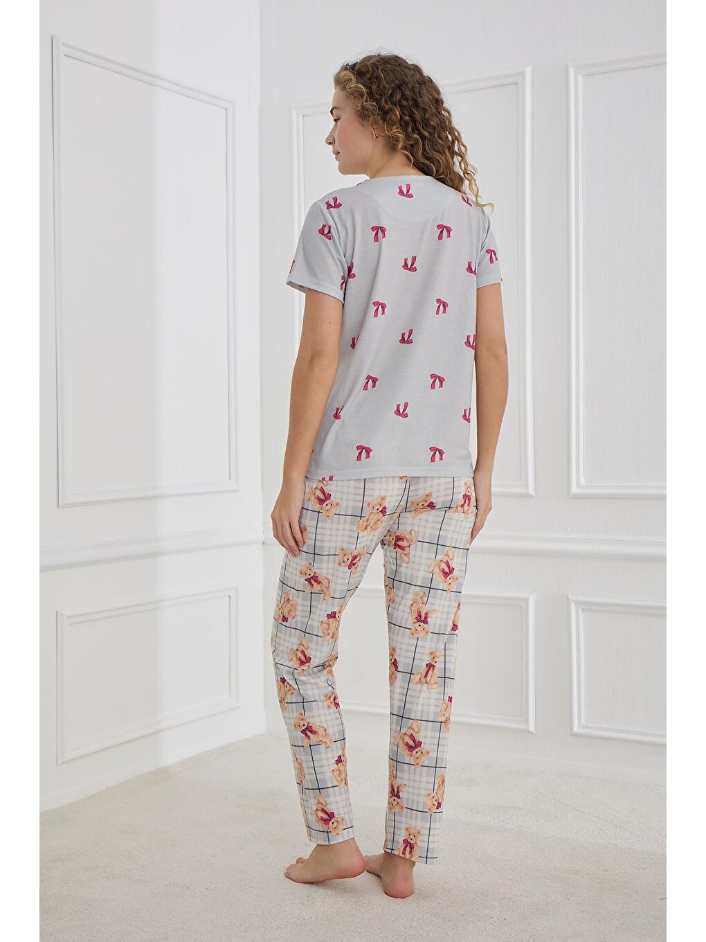 Kadın Desenli Elastanlı Süprem Bisiklet Yaka Pijama Takım | Gri 70109-1220-2