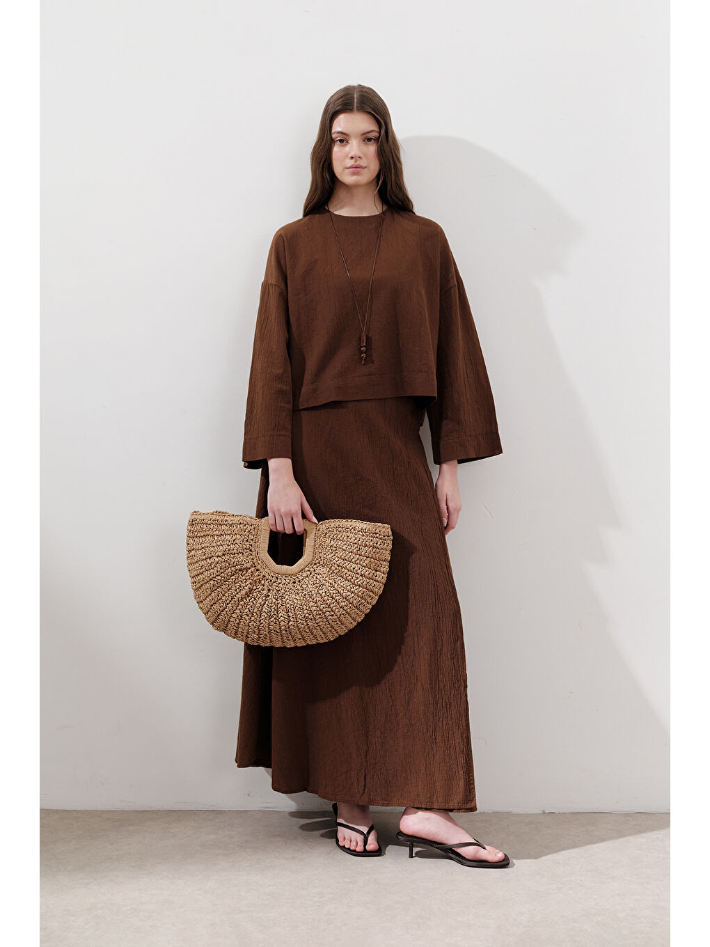 Pamuklu Bağlamalı Kruvaze Etek Kahverengi