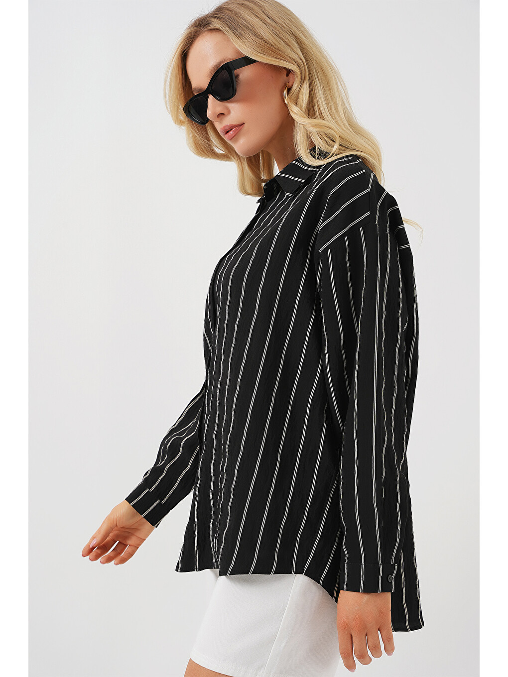 Kadın Çzigili Oversize Gömlek 20293 - Siyah-2