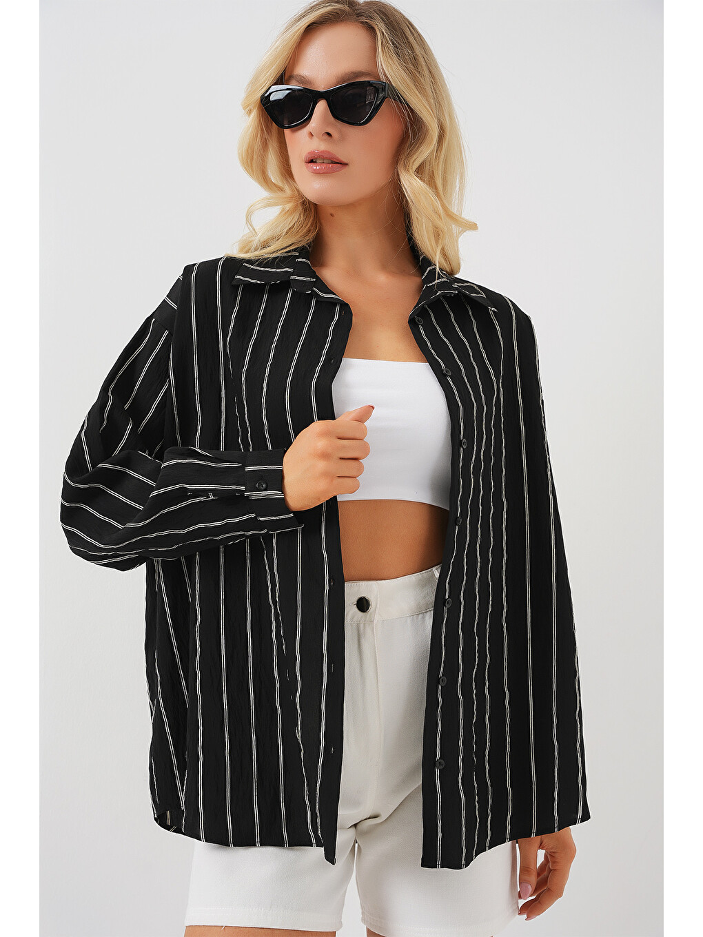 Kadın Çzigili Oversize Gömlek 20293 - Siyah-3