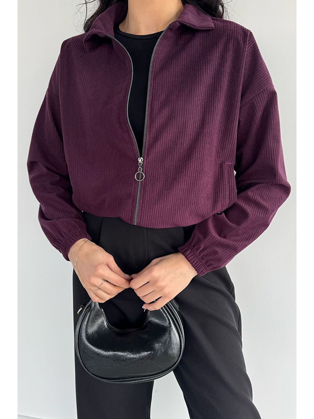 Mürdüm Fermuarlı Fitilli Kadife Ceket