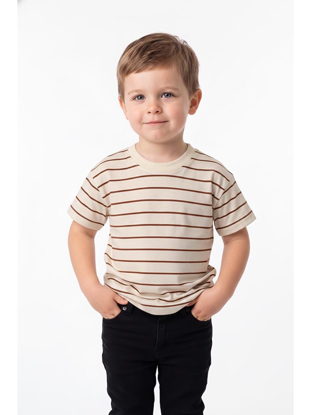 Kahverengi Elastanlı Kabartma Çizgili 2li Tişört Paket-1