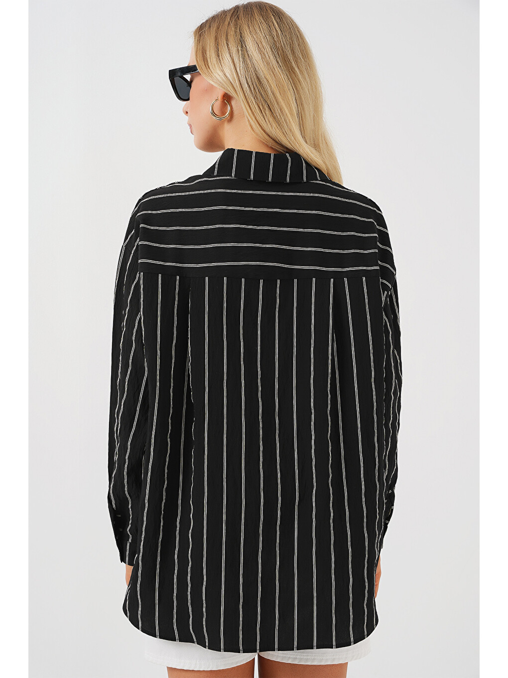 Kadın Çzigili Oversize Gömlek 20293 - Siyah-6