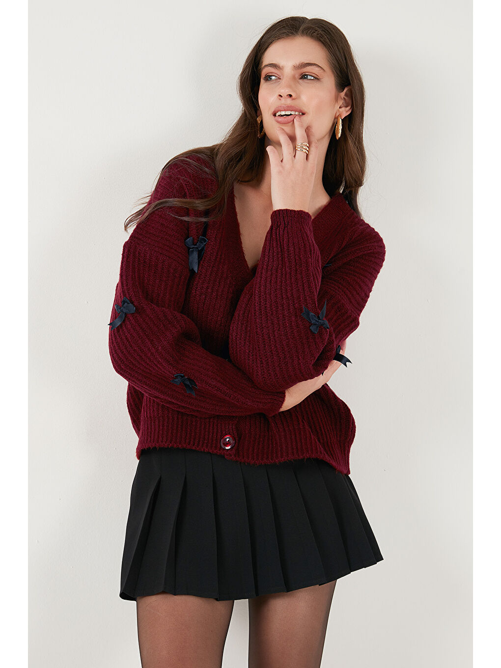 Bordo Oversize Fit V Yaka Fiyonk Detaylı Düğmeli Hırka 4615577-5