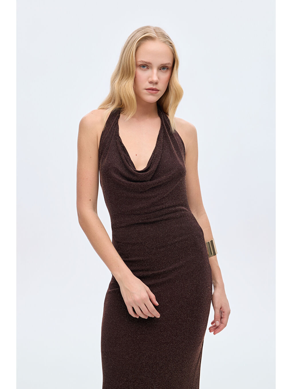 Simli Drape Yaka Midi Elbise Kahverengi-3