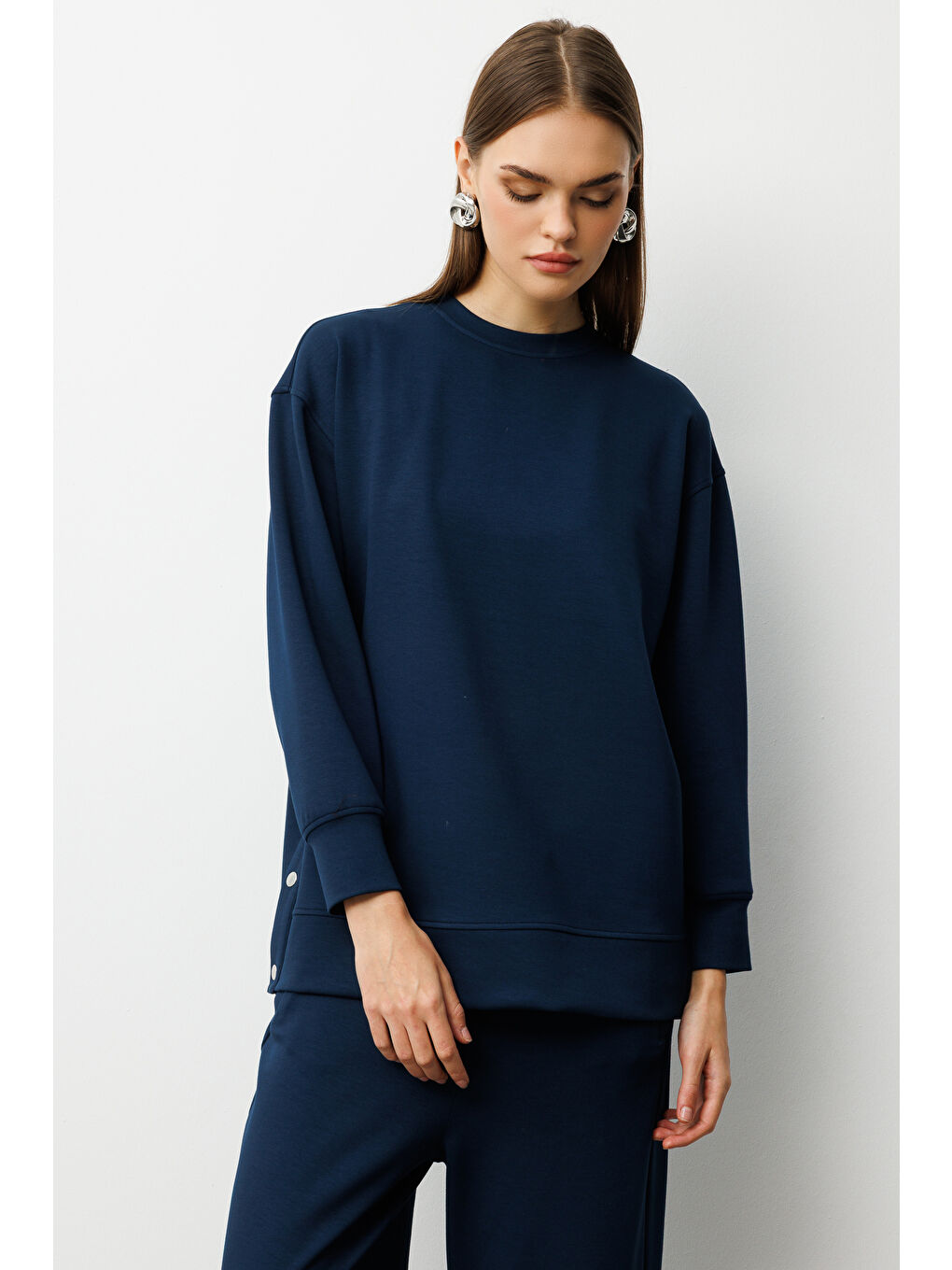 Çıtçıtlı Yumuşak Dokulu İndigo Mavi Spor Tunik-2