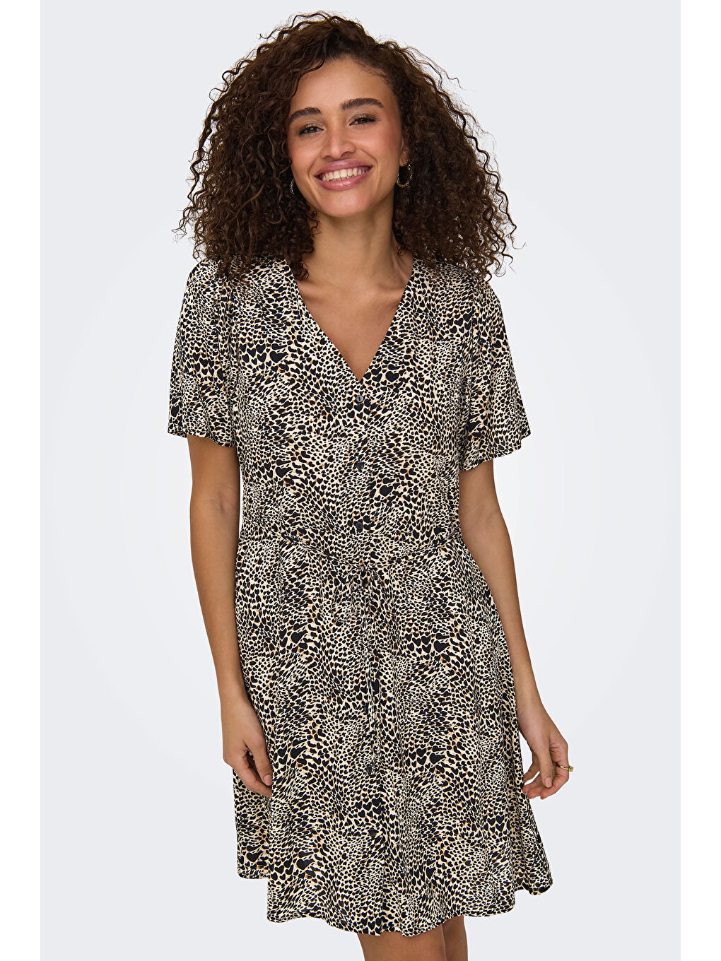 Bej Onlevida Desenli Regular Fit Mini Boy V Yaka Kadın Elbise 15237382-2