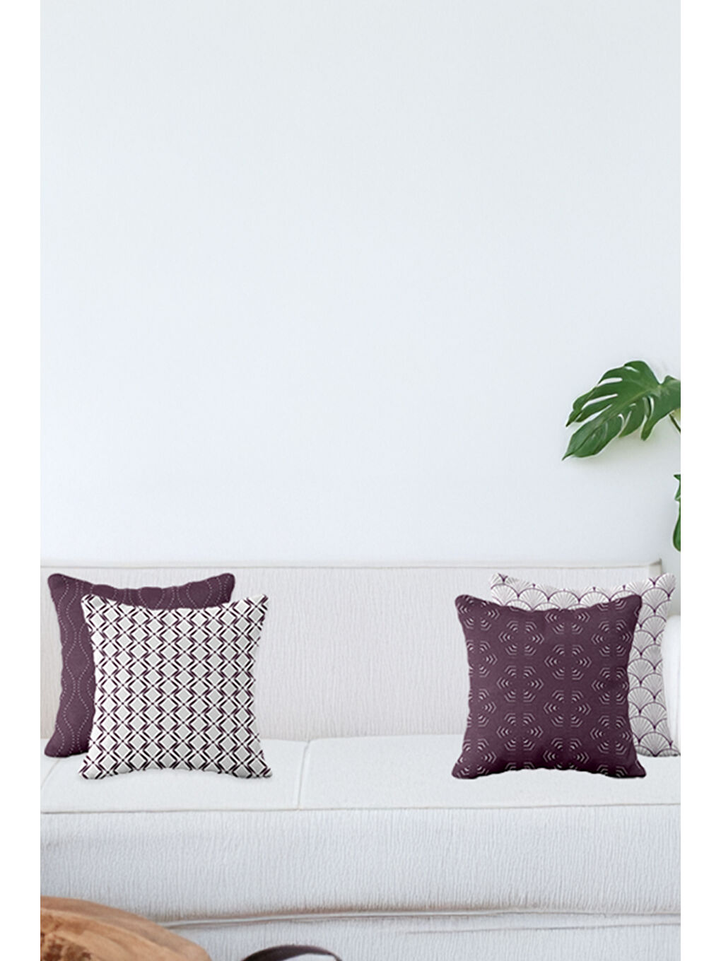 Nova Minimal Kabuk Formlu-Geometrik Dalga Motifli 4lü Kırlent Kılıfı Seti Mor-Beyaz