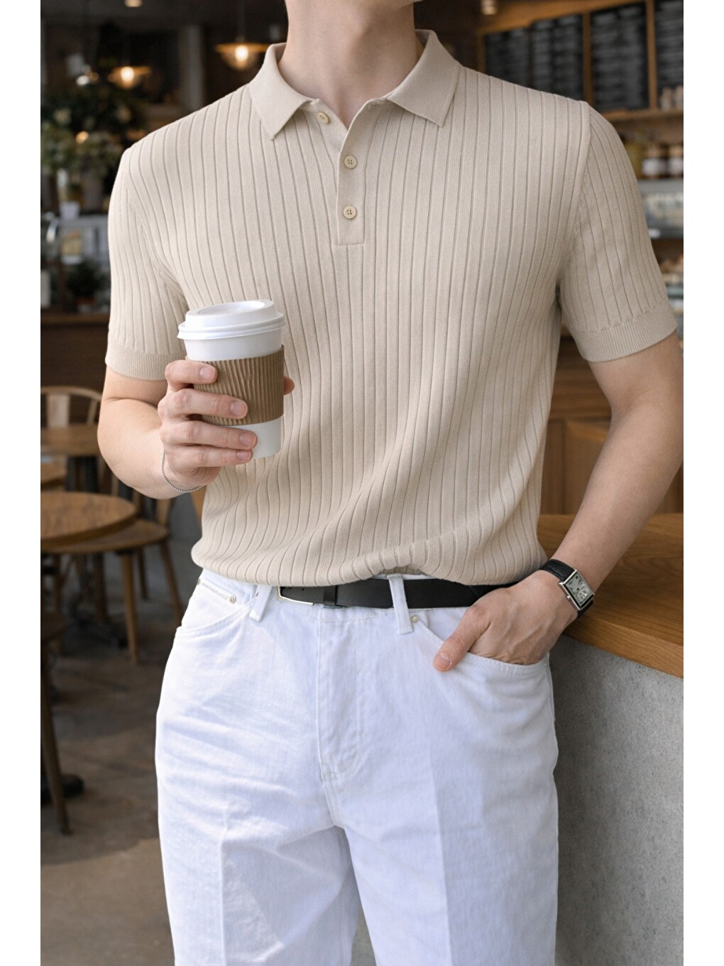 Bej Erkek Düğmeli Fitilli Triko Polo Tişört Slim Fit-1