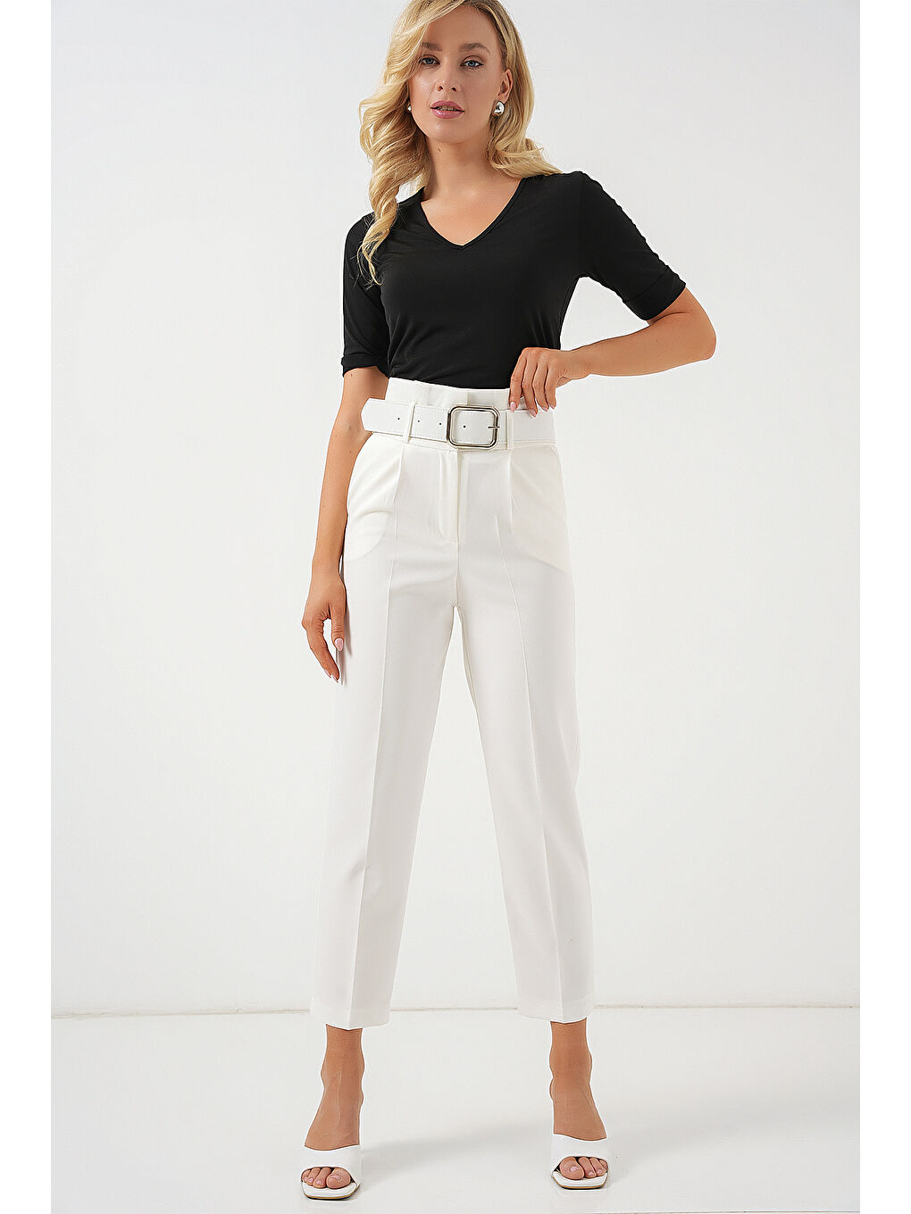 6556 Kemerli Kumaş Pantolon - Ekru-2