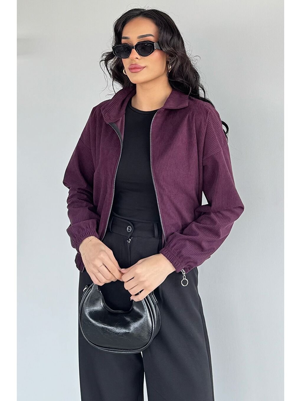 Mürdüm Fermuarlı Fitilli Kadife Ceket-1