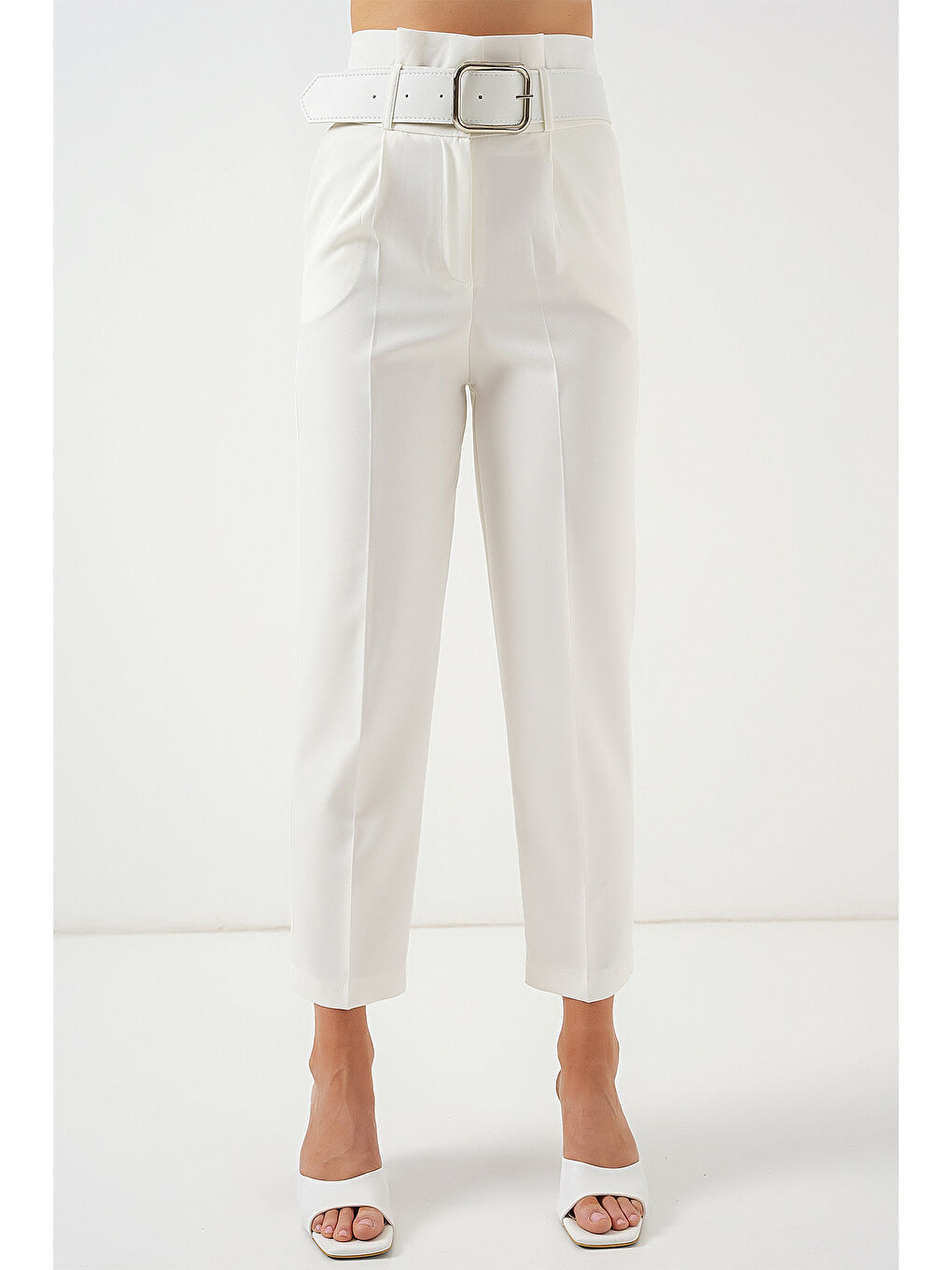 6556 Kemerli Kumaş Pantolon - Ekru-3