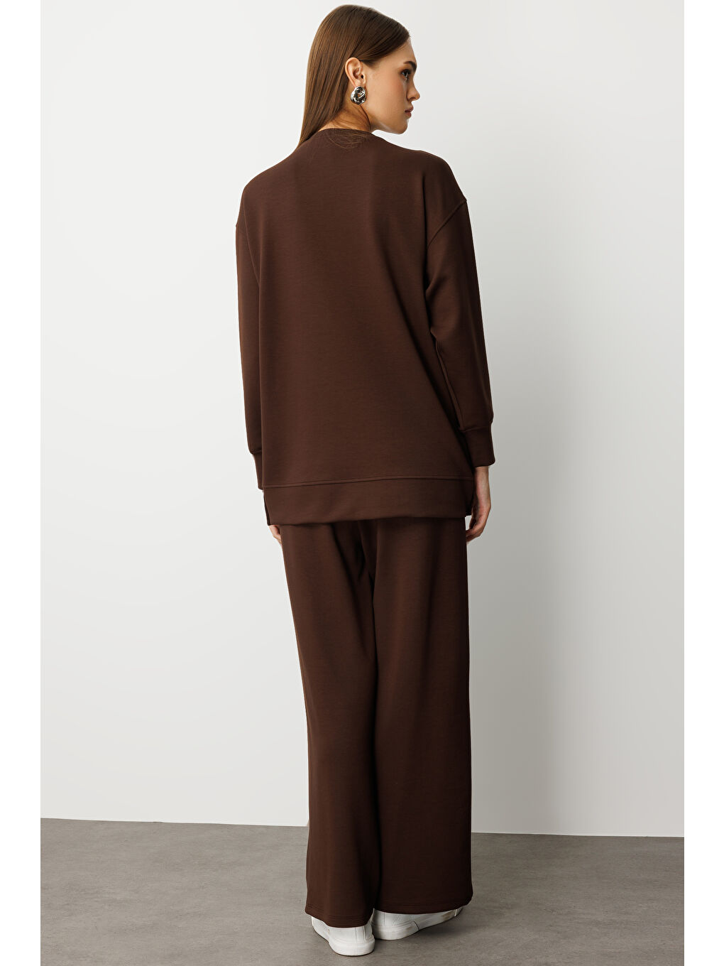 Çıtçıtlı Yumuşak Dokulu Kahverengi Spor Tunik-5