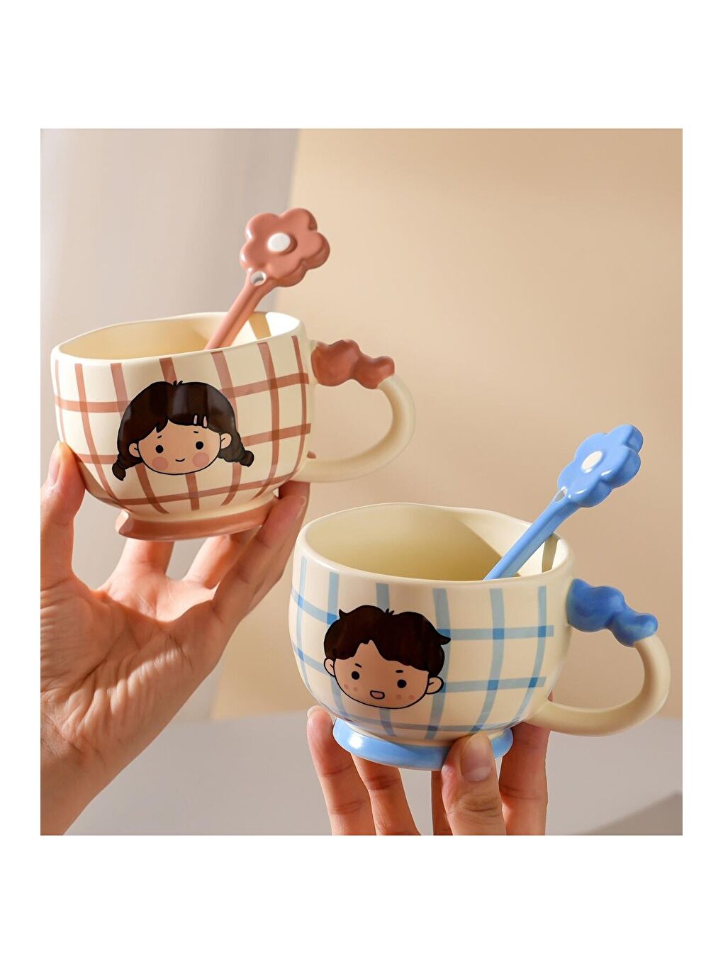 Karışık Pastel Kareler Temalı Seramik Kupa-4