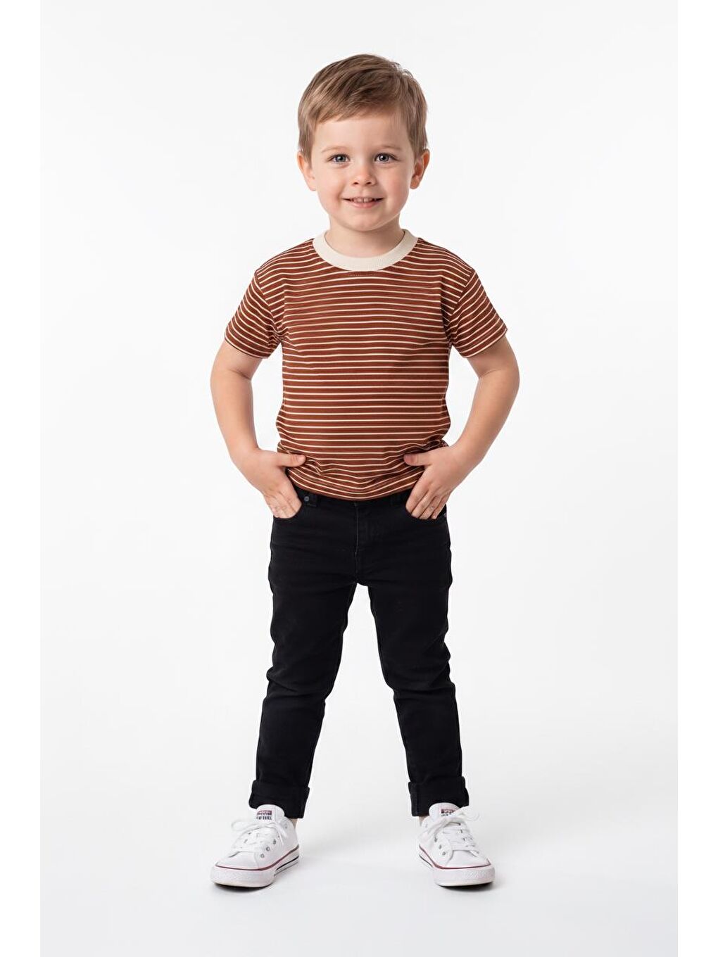 Kahverengi Elastanlı Kabartma Çizgili 2li Tişört Paket-2