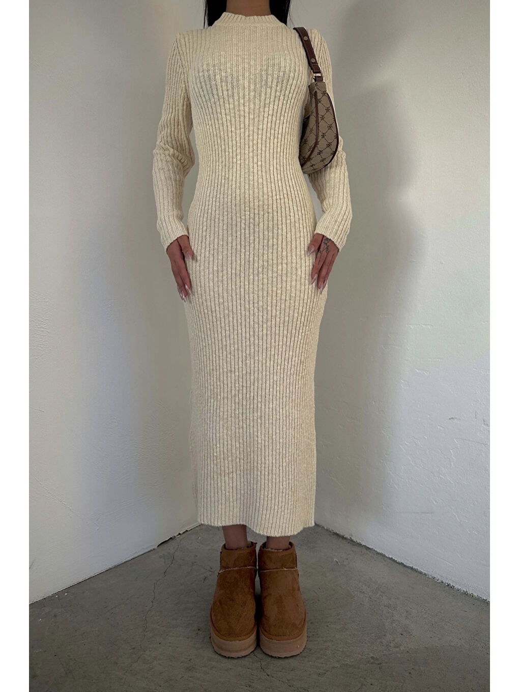 Kadın Ekru Triko Elbise 1007-1522-4