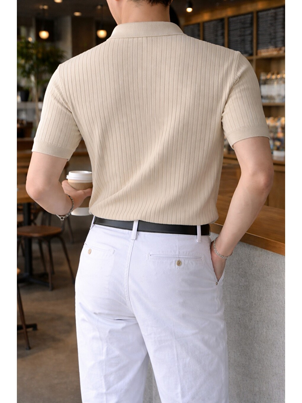 Bej Erkek Düğmeli Fitilli Triko Polo Tişört Slim Fit-2