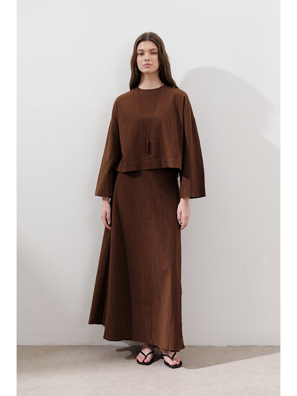 Pamuklu Bağlamalı Kruvaze Etek Kahverengi-1