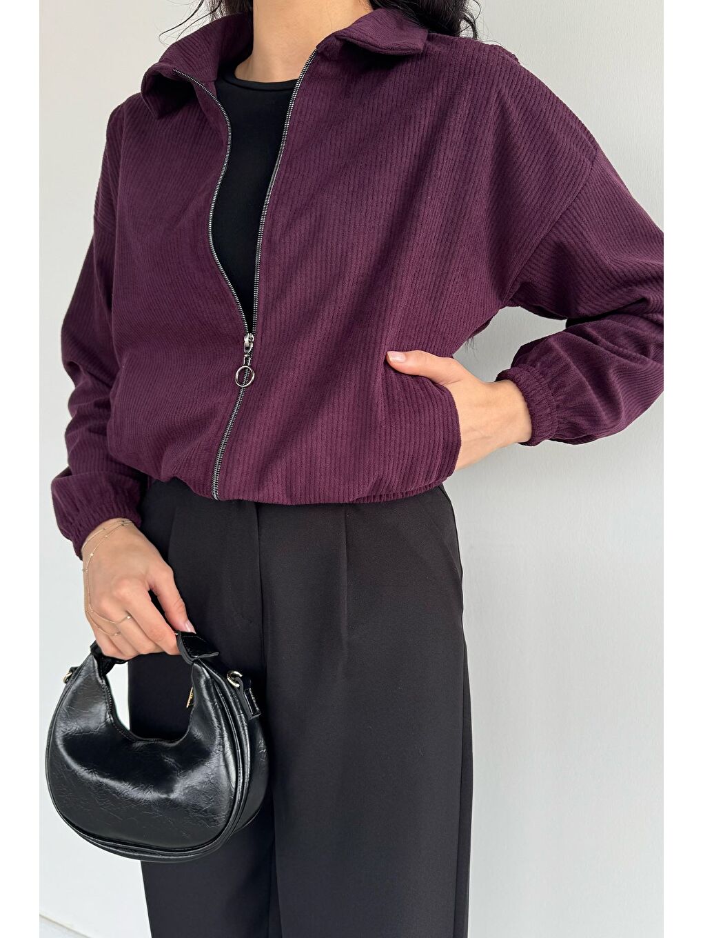 Mürdüm Fermuarlı Fitilli Kadife Ceket-2