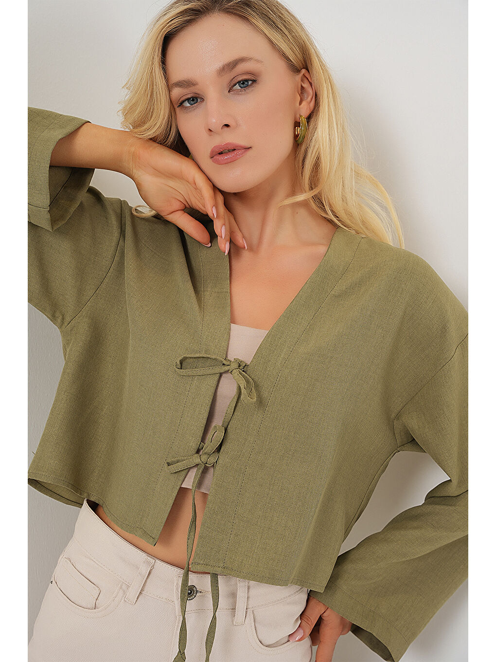 Yeşil Önü Bağlamalı Keten Kimono 960 - Çağla