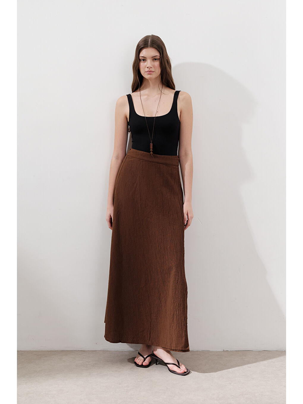 Pamuklu Bağlamalı Kruvaze Etek Kahverengi-2