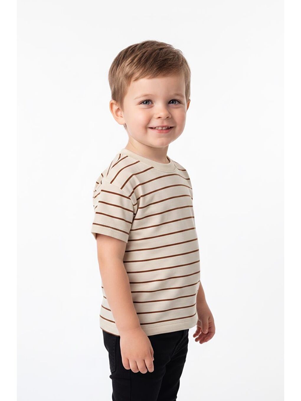 Kahverengi Elastanlı Kabartma Çizgili 2li Tişört Paket-3